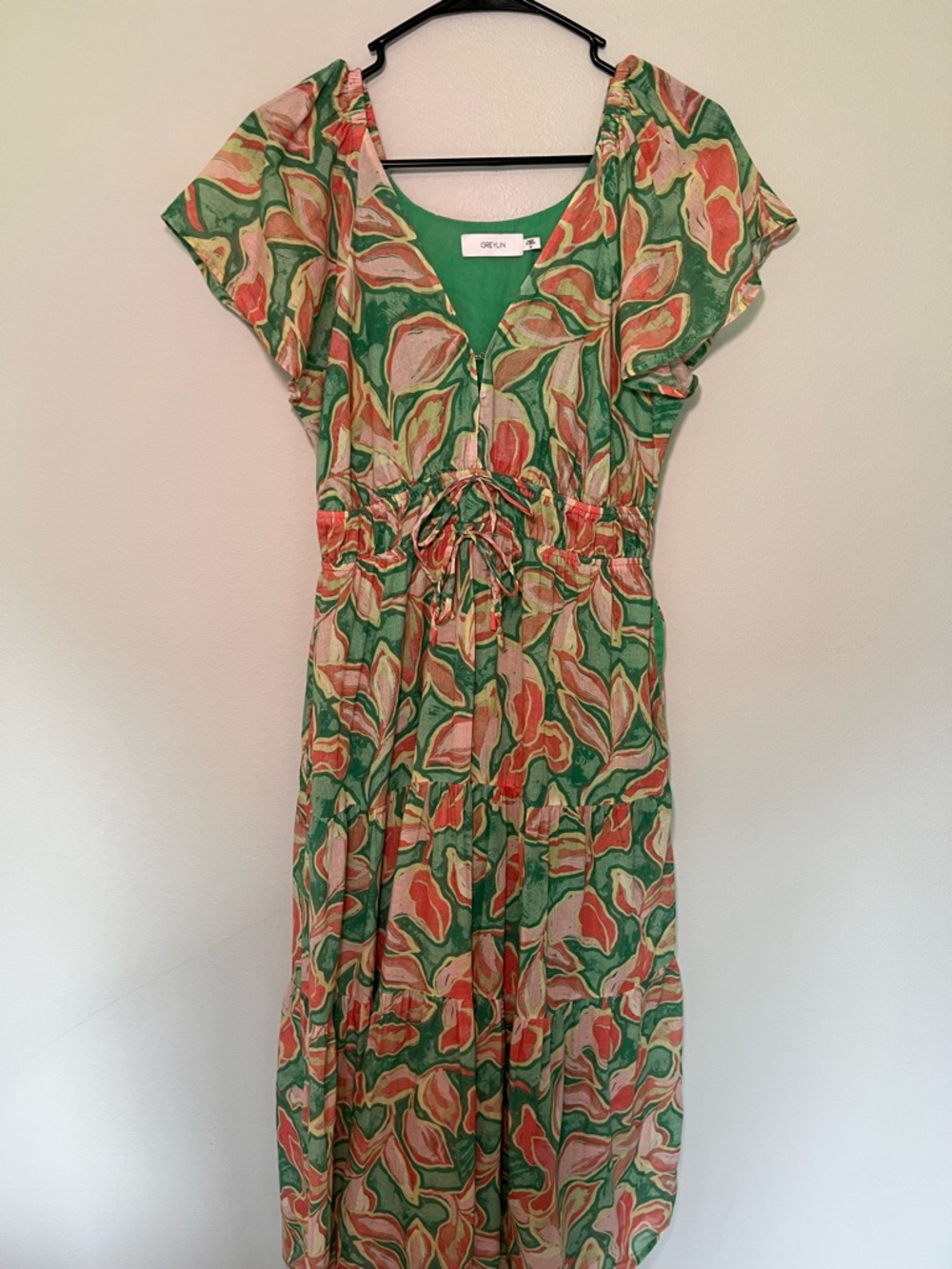 Greylin Green & Coral Floral Tie-Waist Midi Dress